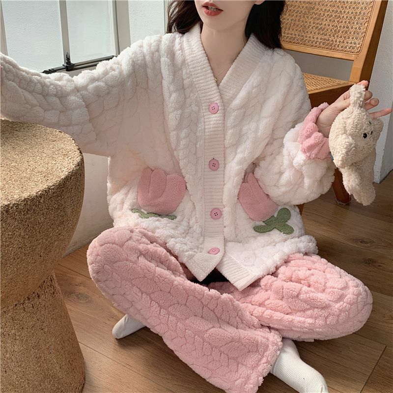 Conjunto de pijama coral de veludo feminino, Flanela grossa, doce, fofo, fresco, chique, elegante, roupa de casa, inverno