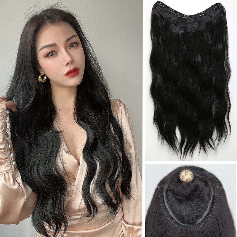 Perucas sintéticas onduladas pretas longas da ondulação da água para mulheres, grampo em extensões do cabelo, perucas encaracoladas do rabo de cavalo, estilo coreano