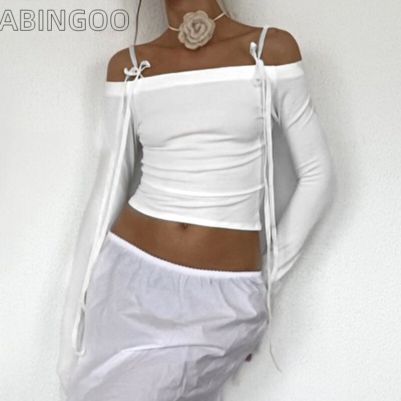 ABINGOO-Top feminino fora do ombro, com renda, laço, manga longa, costas, branco, apertado, camiseta de manga comprida, estilo de desejo puro, sexy, Y2K