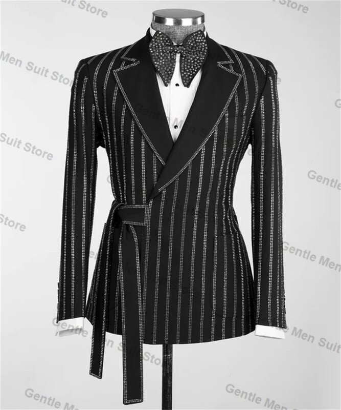 Setelan pakaian pria kristal hitam 2 potong, Blazer + celana mewah, mantel Tuxedo pernikahan Prom pengantin pria, jaket kantor Formal khusus dengan sabuk