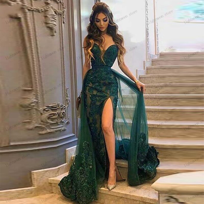 Sexy Evening Dresses Illusion Prom Dress Lace Sheath Mermaid With Sweep Train Ball Gowns V-Neck High Slit Robes Vestidos De Gala