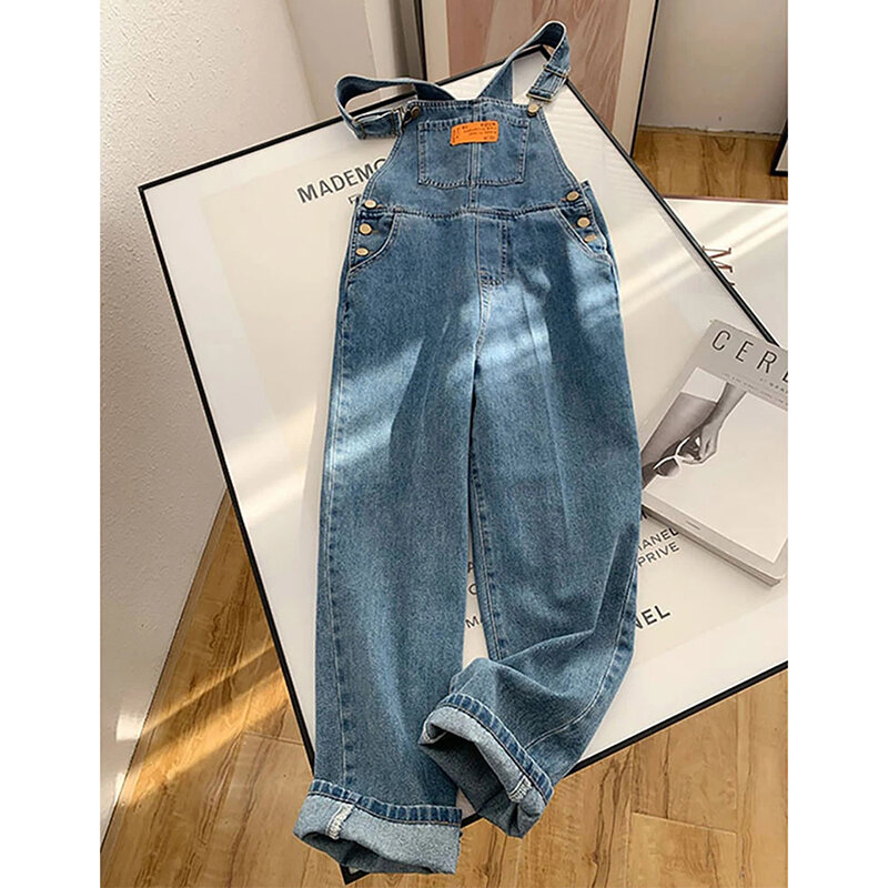 MEXZT Jumpsuit Wanita Streetwear Denim Overall Antik Longgar Kasual Celana Kaki Lebar Pinggang Tinggi Tali Lurus Celana Jeans Baru