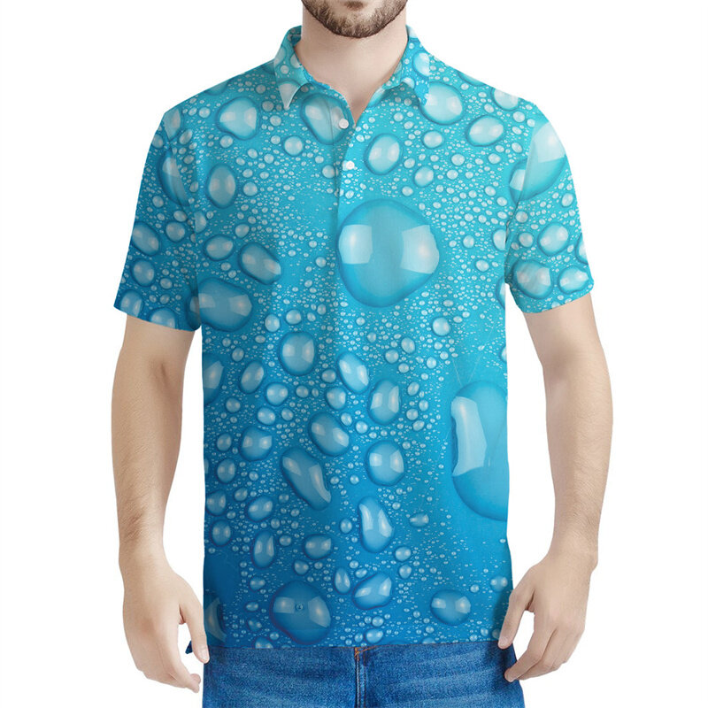 Kaus Polo motif 3D air biru untuk pria, kemeja POLO ukuran besar dengan kancing jalanan kasual lengan pendek kerah Lapel pola laut modis