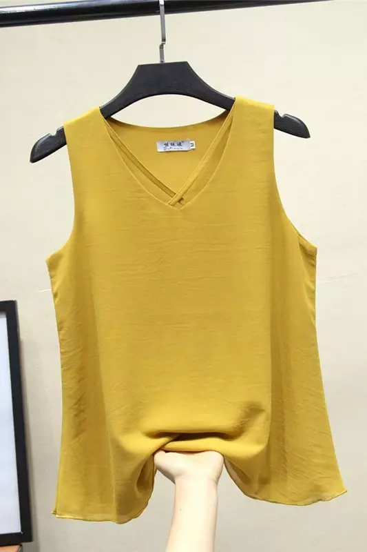 2022 Mode Nieuwe Vrouwen Blouse Tops Zomer Mouwloze Chiffon Shirt Solid V-hals Casual Blouse Oversize 6XL Losse Vrouwelijke Tops