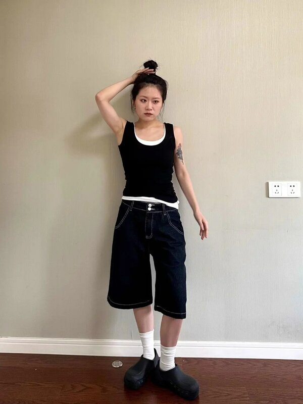 Deeptown Y2k z szerokimi nogawkami spodenki jeansowe damskie z wysokim stanem modne modne dżinsy koreańskie letnie luźne