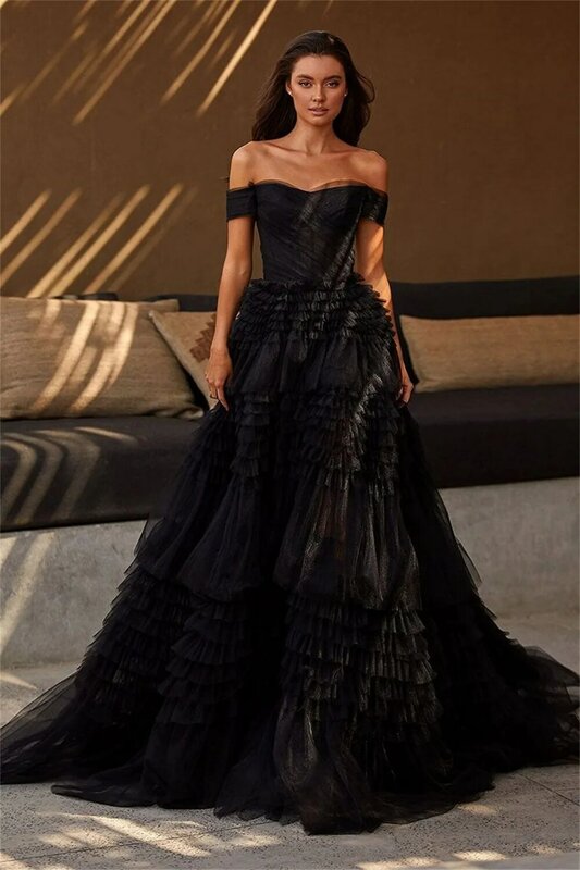 Sansa Sexy Off Shoulder Prom Dress Black Multilayer فستان حفلات الزفاف Luxury Ball Gown Tulle Puffy Robes De Soirée
