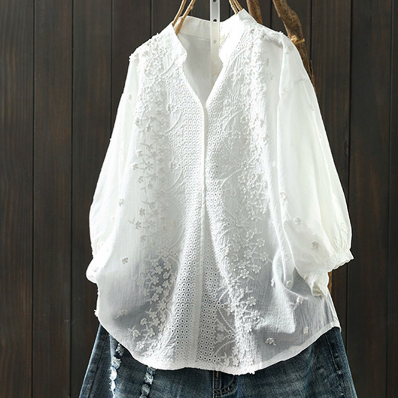 Camisas brancas bordadas boêmias para mulheres, blusas ocas, top solto, roupas de algodão, tamanho grande, verão