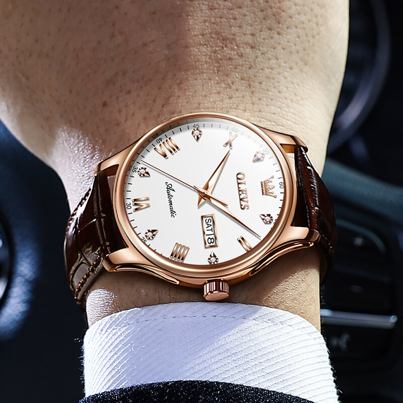 OLEVS jam tangan mekanis otomatis pria, arloji bisnis baru 2024, jam tangan kalender tahan air kulit mewah untuk pria