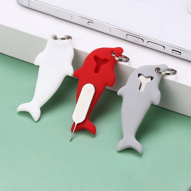 Baki Jarum Pin Kartu Sim Antihilang Bentuk Lumba-lumba untuk iPhone Mi Samsung Alat Pelepas Kartu Sim SD Universal Gantungan Kunci Baru