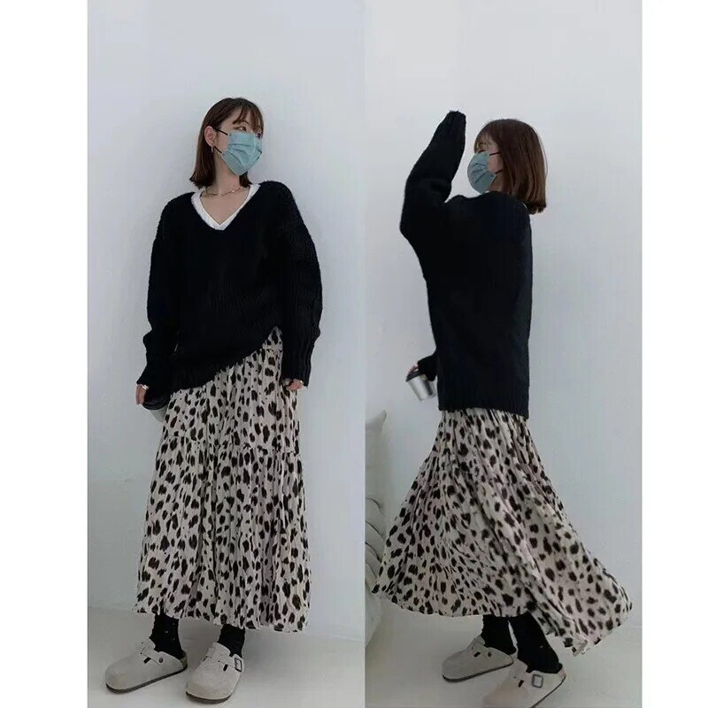 2023 New Arrival Summer Korean Style Women Loose Casual Leopard Print A-line Mid-calf Skirtall-matched Elastic Waist Skirts V257