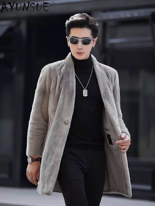 AYUNSUE-casaco de pele de vison real masculino, jaqueta natural com decote em v, roupas de comprimento médio, casacos high-end, jaquetas de inverno, 2023