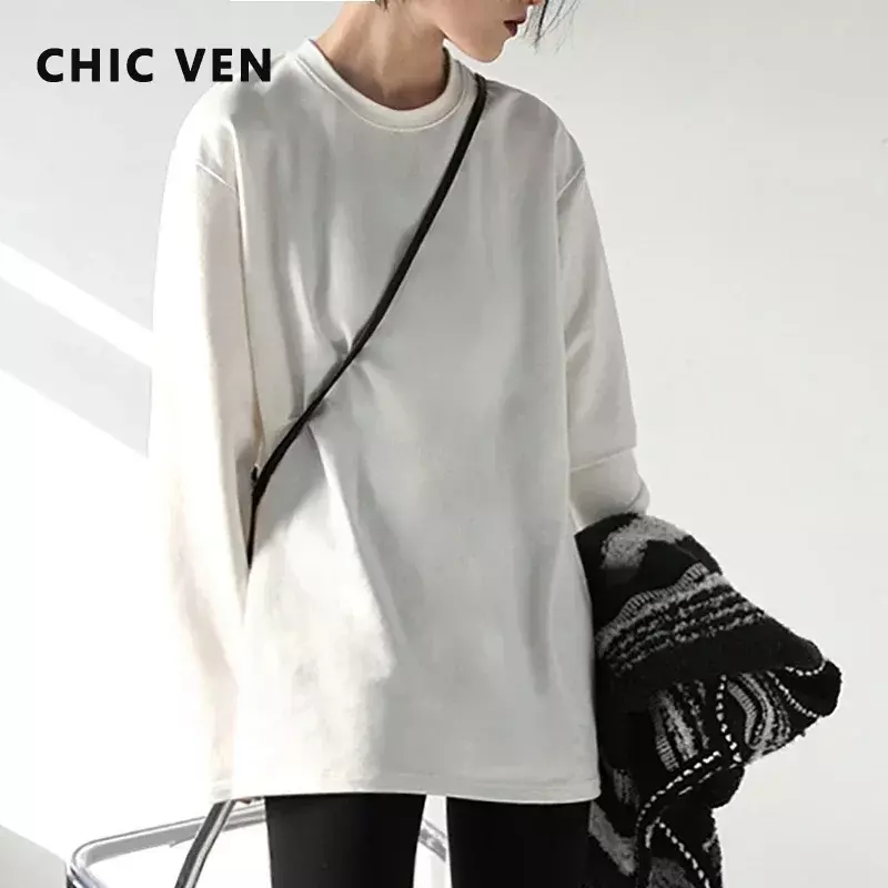 CHIC VEN-Camiseta holgada de manga larga para mujer, Top básico de cuello redondo, camisa de fondo, camiseta informal para mujer, Color sólido, primavera y otoño