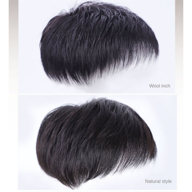 Pelucas cortas negras naturales para hombres, cabello liso con Clip, tupé, parte superior de la cabeza, pelucas de repuesto (A)