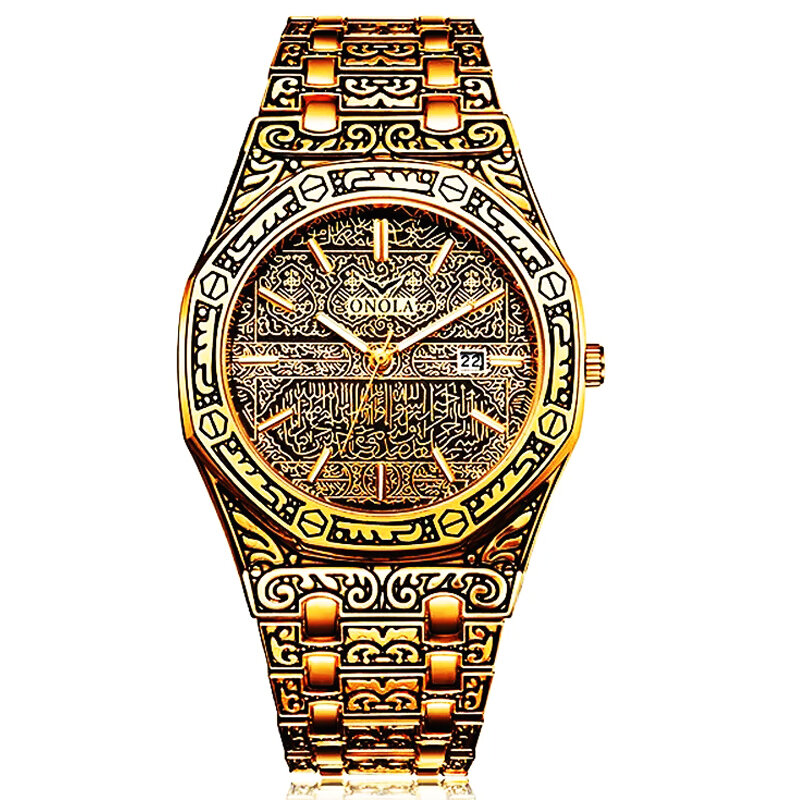 2023นาฬิกาควอทซ์แกะสลักสแตนเลสสีทองสำหรับผู้ชายย้อนยุคนาฬิกาข้อมือแกะสลักสแตนเลส relogio masculino montre Homme สำหรับดรอปชิป