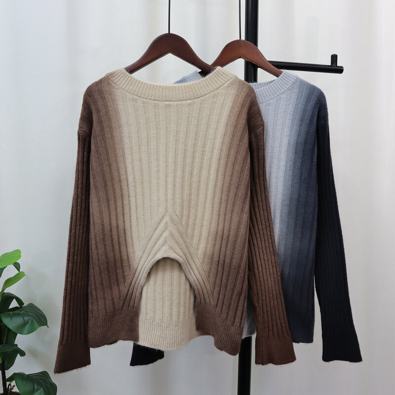 Новинка 2023, мягкие свитера с разрезом для женщин, пуловер с градиентом, теплая вязаная рубашка с длинным рукавом, женская Стильная трикотажная одежда на осень и зиму