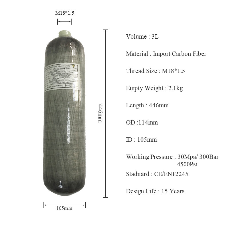 ACECARE-cilindro de fibra de carbono de 3L, 4500Psi, 300Bar, HPA, tanque de buceo, válvula de gran calibre, tamaño de roscado, M18 x 1,5