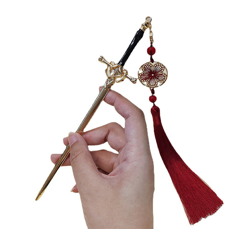 Horquilla de espada artesanal con flecos, sartén para el cabello de estilo antiguo, tocado de forma cóncava de Guerrero Hanfu, cierre para el cabello