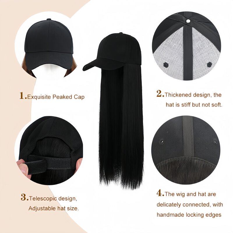 Boné de beisebol feminino com peruca reta longa, chapéu de cabelo encaracolado, chapéu de pico preto e branco 1 pc, moda, verão