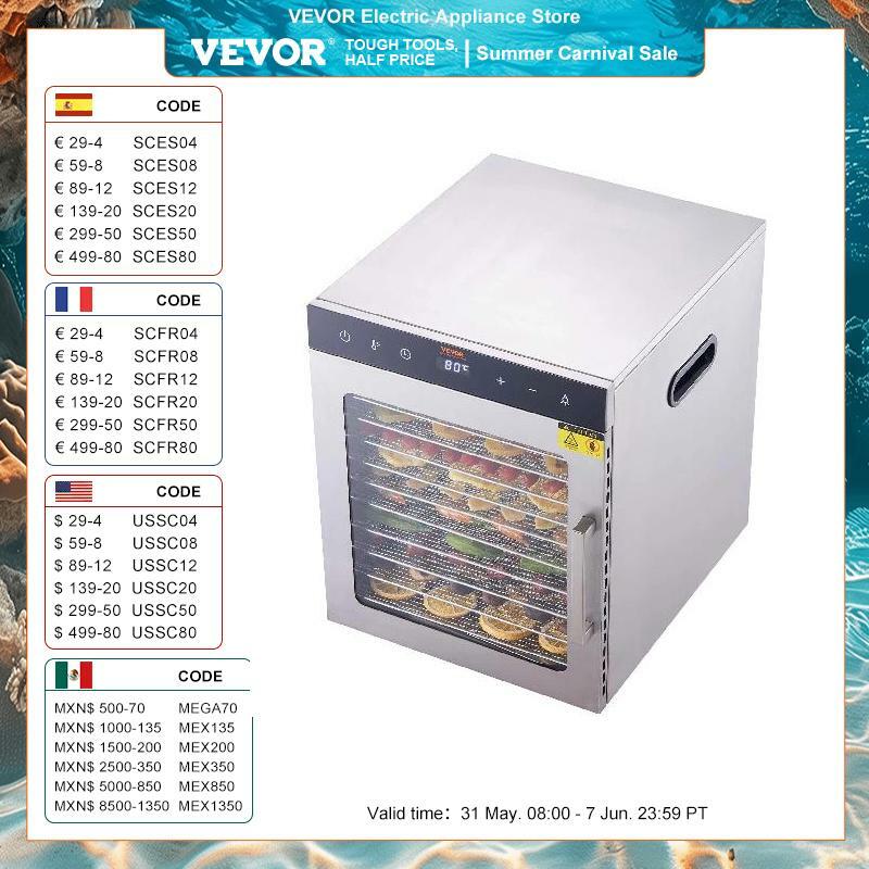 VEVOR 10 Trays Food Dehydrator Stainless Steel Machine 800W/1000W Household Vegetables Fruit Dryer with Digital Timer for Home
