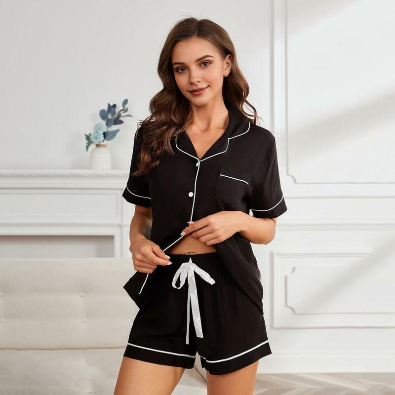 Homewear Shirt Shorts Set Women's Summer Pajama Set with Turn-down Collar Short Sleeve Top Elastic Waist Pants 2 Piece Homewear