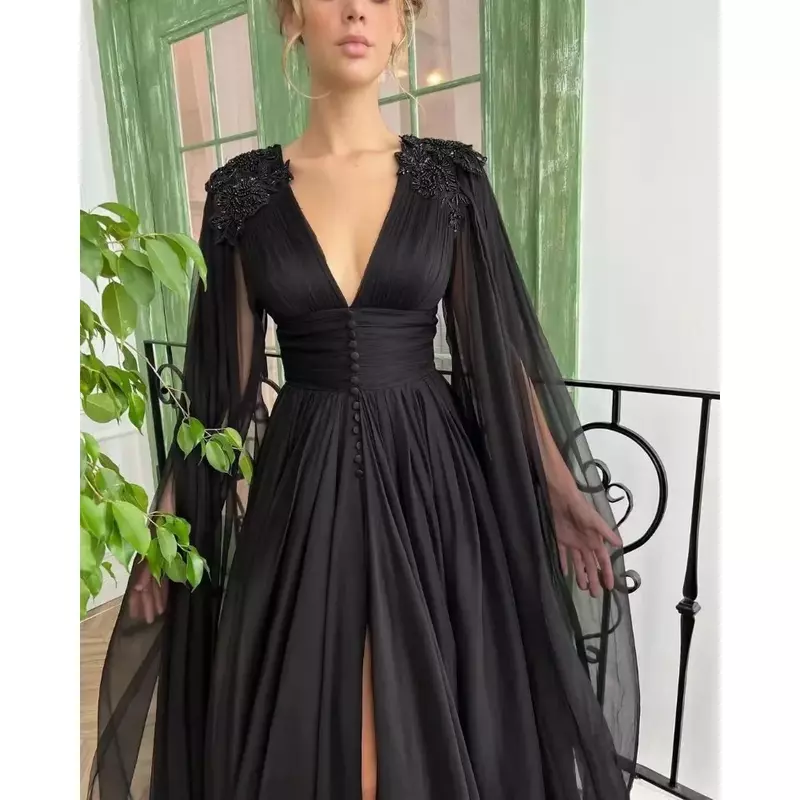 Wakuta Long Tulle Prom Dresses with Pockets 2024 Sexy V Neck Lace Applique Evening Dress Formal Ball Gown vestidos de graduación