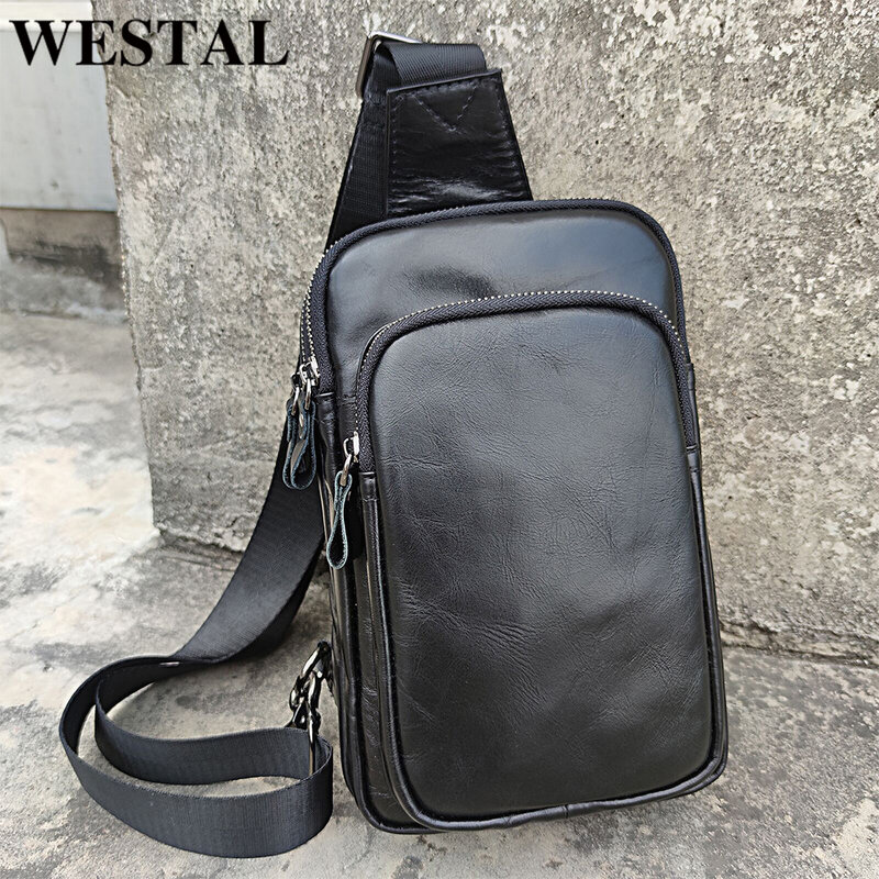 Saco de couro genuíno Westal para homens, sacos mensageiro, sacos de peito preto para telefone, bolsa de ombro esportiva casual 100% couro