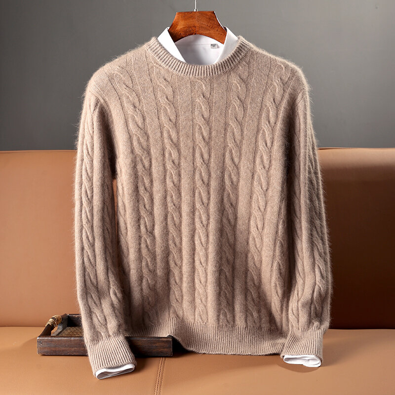 100% Pure Mink Cashmere Sweaters Men's O-Neck Thickened Pullover Autumn and Winter Men Warm Casual Knitted Large Size Twist Tops