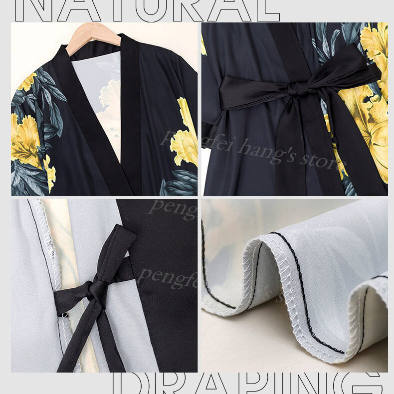 Kimono Bathrobe Elegant Flower Print Robes Lady Satin Homewear Loose Sleepwear Women Spring Summer New Nightdress Lingerie