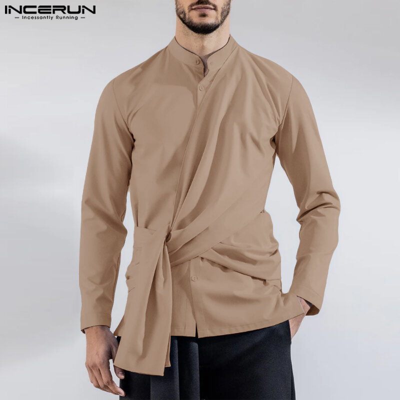 INCERUN-camisa Irregular de manga larga para hombre, ropa de calle con botones, con solapa de Color sólido, informal, a la moda, 2024