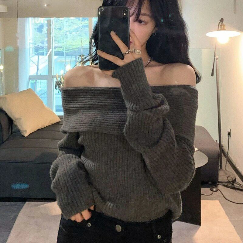 Lucyever głęboki dekolt sweter z dzianiny damski seksowny sweter z długim rękawem bez ramion damski koreański elegancki gruby, wąski sweter