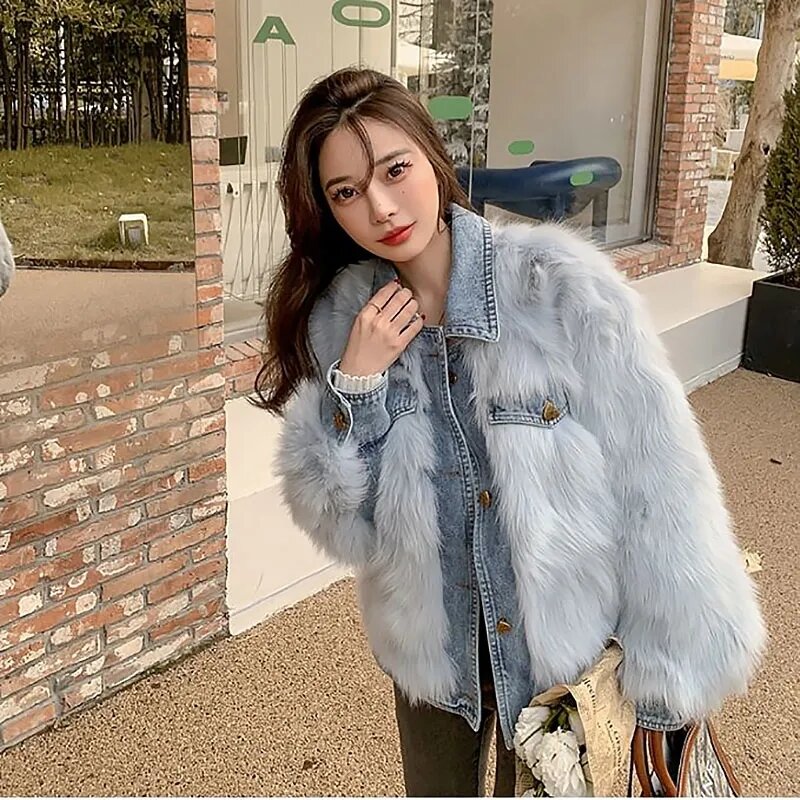 Imitação de pele casaco de inverno moda feminina denim costura falso pele de raposa único breasted trançado jaqueta feminina quente
