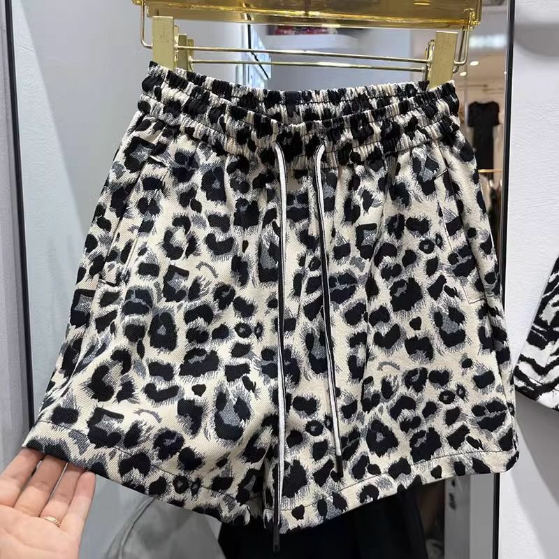Short élastique imprimé léopard pour femme, pantalon taille haute, pantalon à jambes larges, pantalon chaud polyvalent A-Line, été, 2024