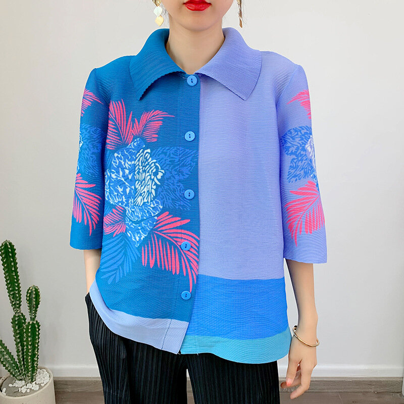 Miyake-chaquetas plisadas para mujer, ropa de mujer, nuevo estilo étnico estampado, cuello vuelto, botonadura única, holgada y elástica, primavera 2023