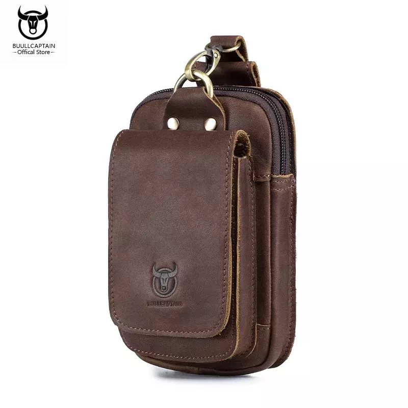 Мужская поясная сумка BULLCAPTAIN из натуральной кожи, Повседневная сумка в стиле ретро с 6,7-дюймовым мобильный телефон, многофункциональная двухслойная поясная сумка