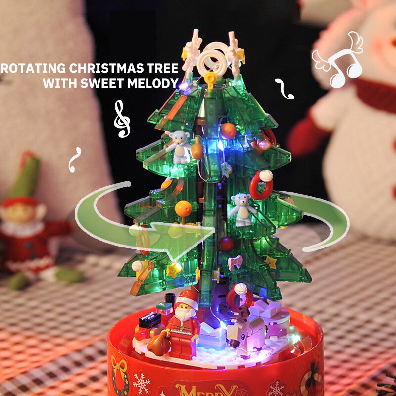 บล็อกตัวต่อกล่องดนตรีต้นคริสต์มาสพร้อมไฟ DIY ของขวัญปีใหม่ซานตาคลอสตกแต่งคริสต์มาสของขวัญสำหรับเด็ก
