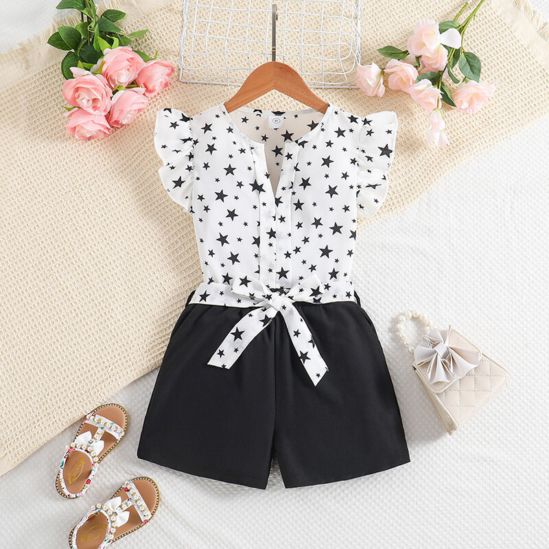 8-12T Kids Girls Summer Outfits Stars Print Fly Sleeve Shirts Tops and Elastic Waist Shorts with Belt 2Pcs Clothes Set
