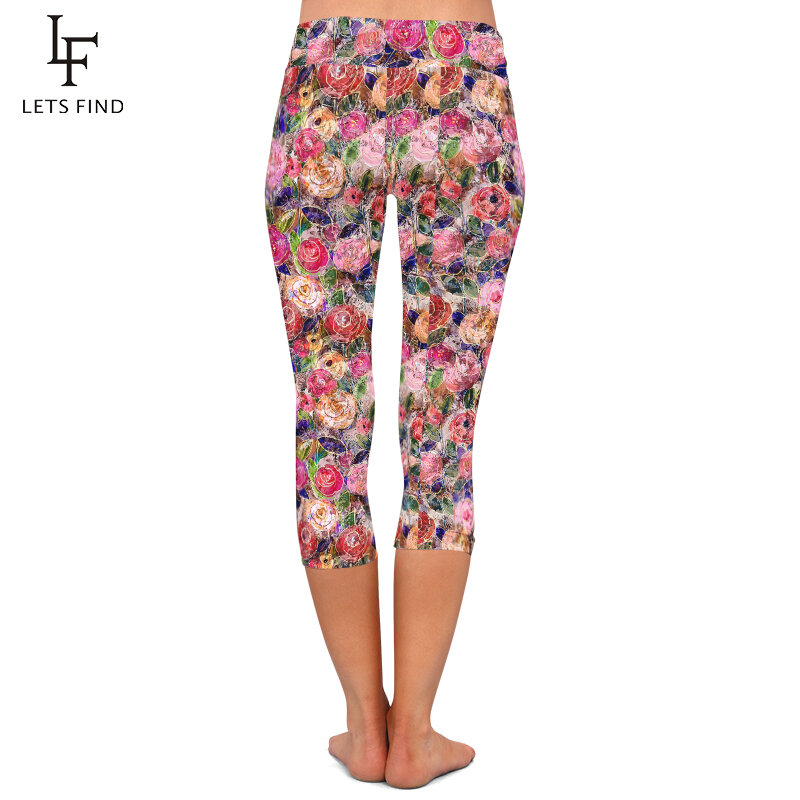 LETSFIND-Leggings capri de fitness pour femmes, pantalon mi-mollet, taille haute, imprimé de fleurs colorées en 3D, filles sexy, été, nouveau, 3/4
