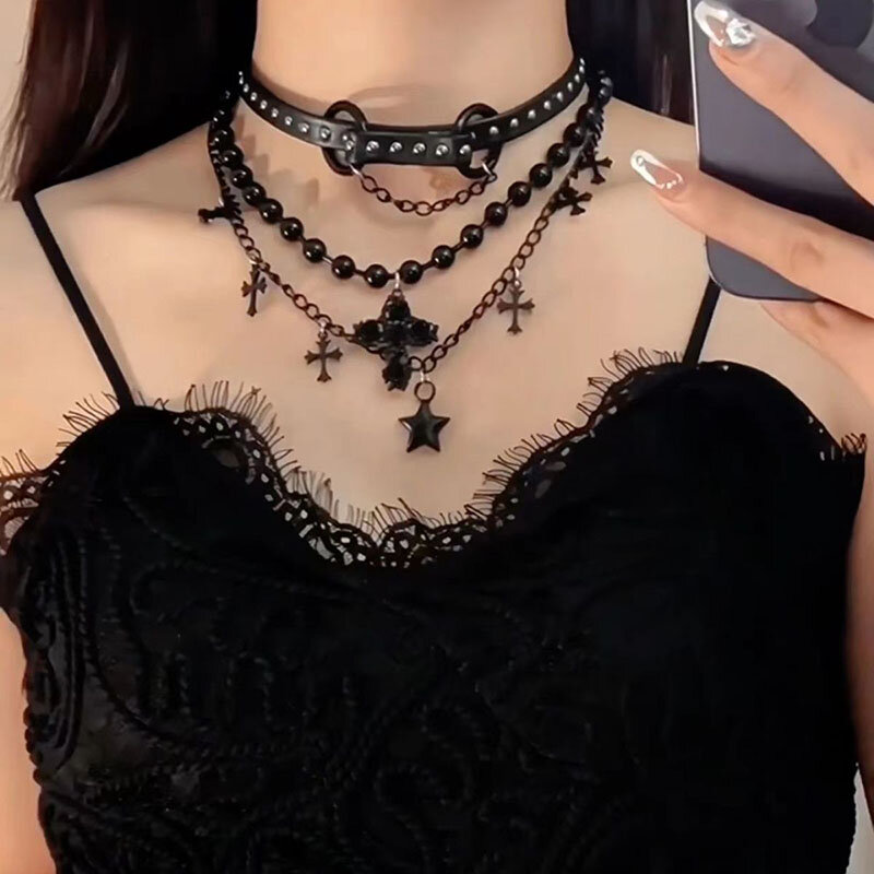 Black Auntie-Cadena de cuello personalizada, Grupo gótico lolicare emparejado con hebilla de cinturón negra, cuero de doble capa