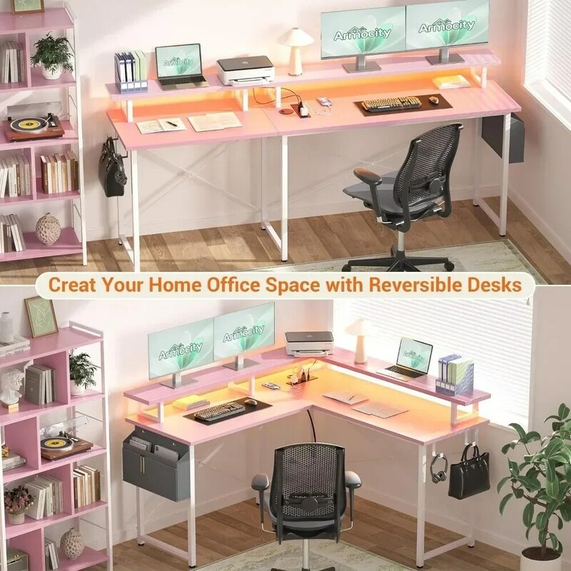 Gaming-Schreibtisch l geformt mit LED-Lichtern Eck schreibtisch mit Lager regalen Home Office kleine Räume versand kostenfrei Computer möbel