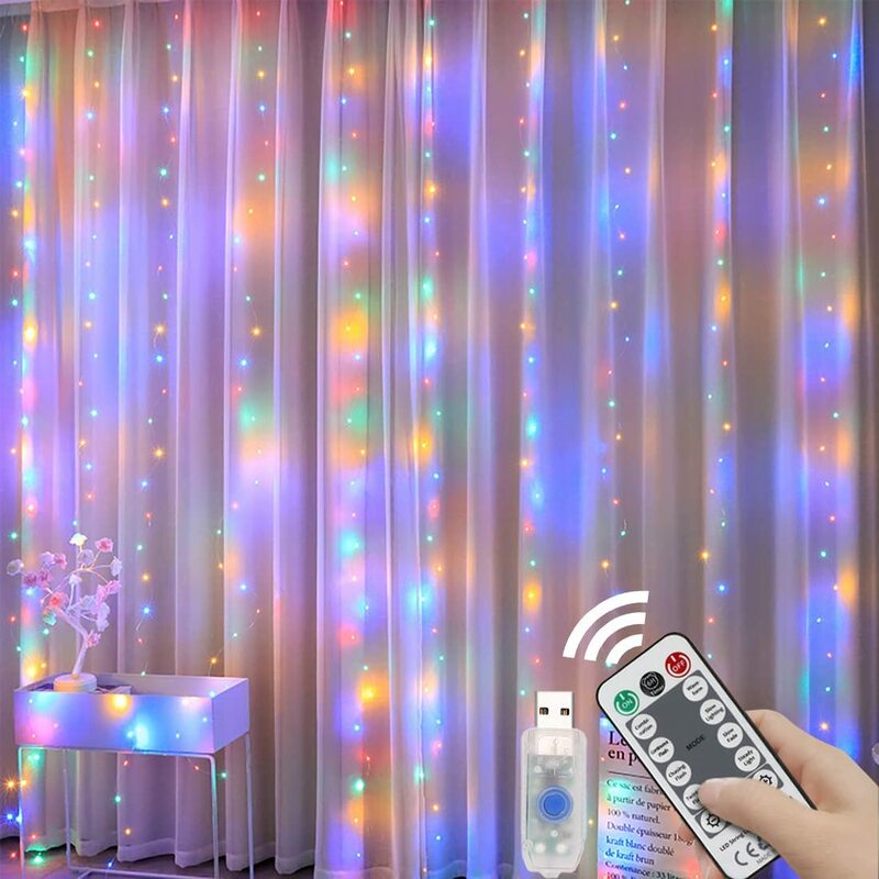 Guirnalda de cortina LED en la ventana, luces de hadas de festón USB con control remoto, guirnalda de Año Nuevo, decoración de Navidad, 3M, 4M, 6M