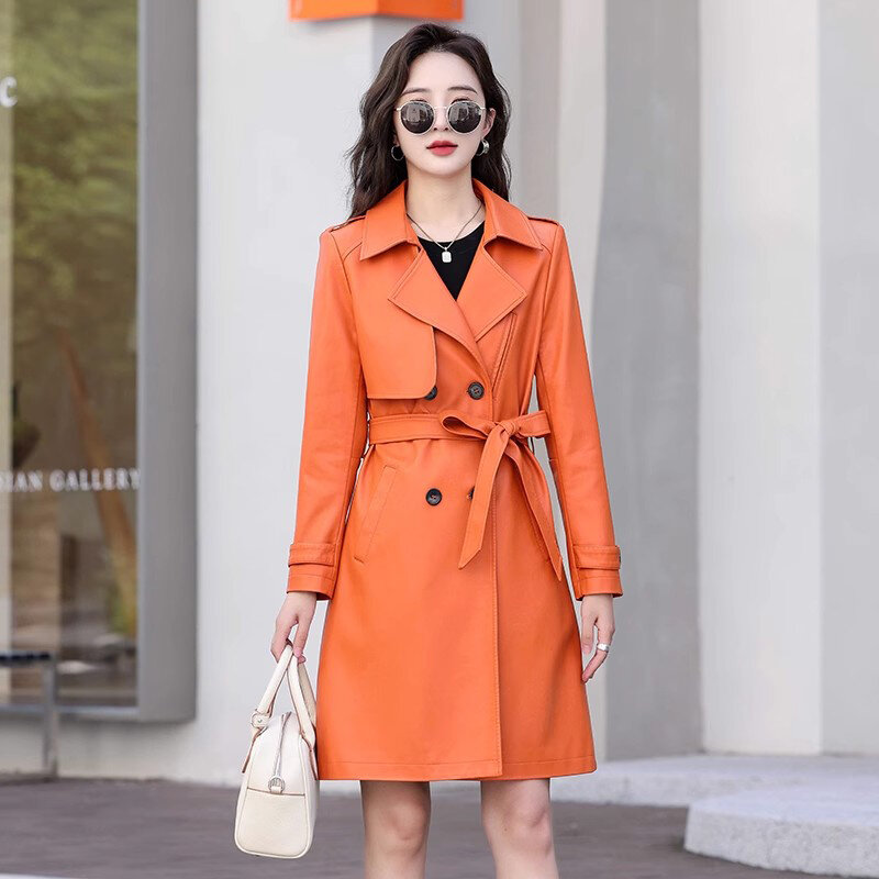 New Women Casual Leather Coat Spring Autumn Fashion Suit Collar Double Breasted Lace-up Slim Trench Coat Split Leather Wind Coat