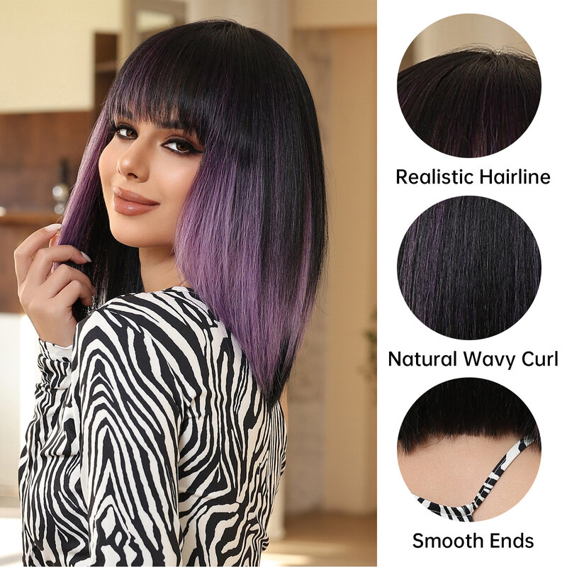 LOUIS FERRE Black Purple Ombre Short Straight Bob Synthetic Wigs For Women Natural Hair With Bangs For Cosplay Party Fiber Wigs