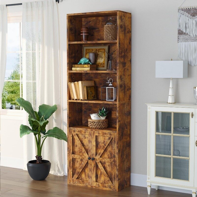 Oneinmil-キャビネットドア付き木製本棚、オフィス収納キャビネット、6層本棚2個セット