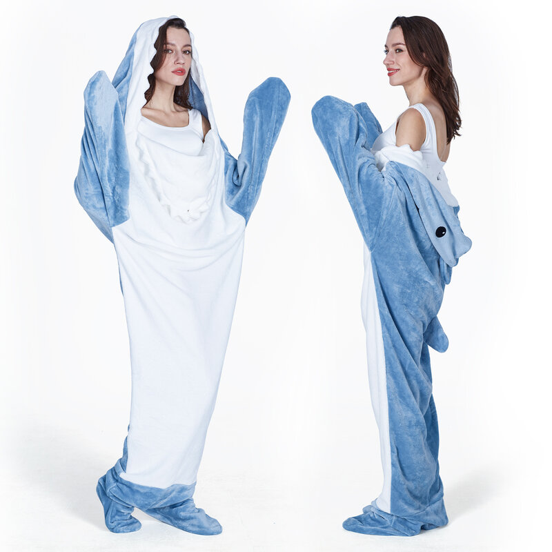 Pyjama de sac de couchage de requin de dessin animé mignon, couverture douce et chaude, châle en tissu de haute qualité, enfants et adultes