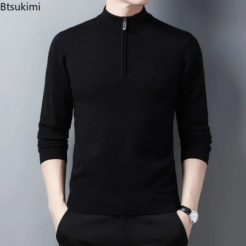 New 2024 Men's Solid Knitted Sweaters Fashion Half Zip Warm Pullover Business Casual Knit Bottoming Tops Men Simple Slim Sweater
