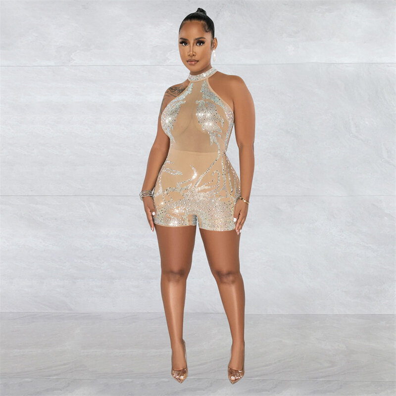 Combishort Sexy en maille transparente avec des strass pour femmes, barboteuse, tenue de soirée, sans manches, moulante, short, body, 2023