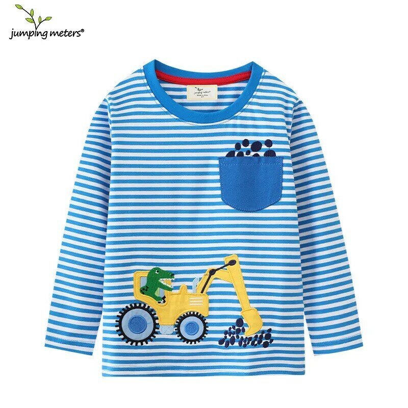 Camisetas listradas de manga comprida com carros bordados para meninos, roupas infantis, tops de outono e inverno para crianças, 2-7T