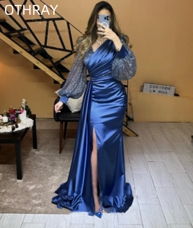Pesta Pernikahan seksi wanita V-Neck lengan panjang putri duyung Satin Arab mode selebriti gaun Prom 2024 Robe De gaun malam biru dongker