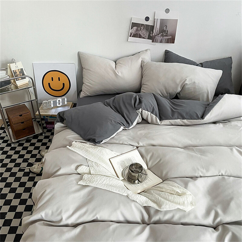 Schwarz Bettwäsche Set für Jungen Mädchen Schlafzimmer Gewaschen Baumwolle Bettbezug Kissenbezug Bettdecke Einfache Mode Bettlaken Set Bettwäsche