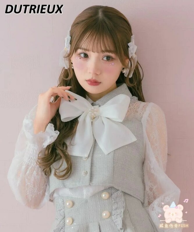 일본 활 브로치 레이스 스티칭 페이크 투피스 긴팔 셔츠, 마인 시리즈 양산, 귀엽고 귀여운 소녀 짧은 상의